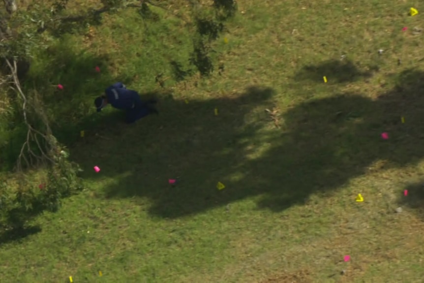 A police officer crouched on grass near trees surrounded by brightly coloured markers.