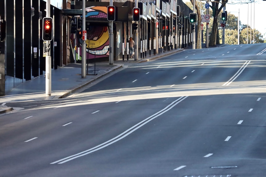 Empty street with traffic lights showing a red signal. 