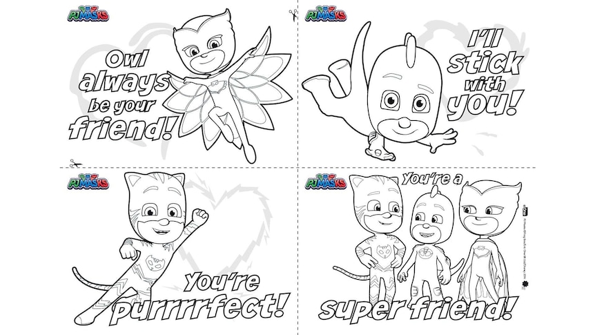 Four line drawings of PJ Masks characters