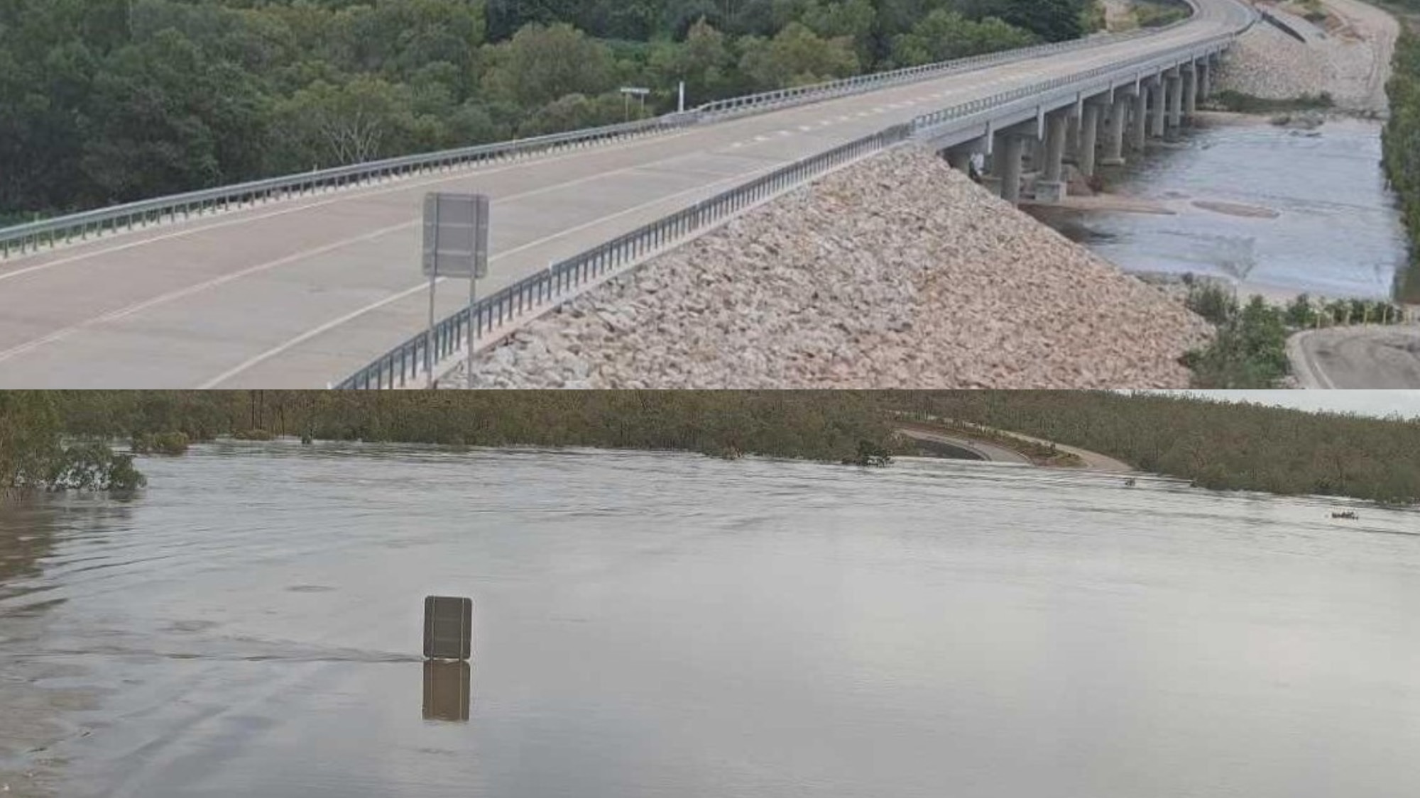 Dos fotografías muestran una instantánea de una cámara contra inundaciones de un gran puente con agua muy debajo, hasta el puente que se está cubriendo.