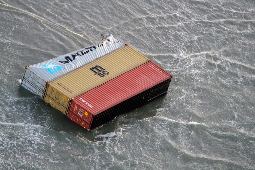 Containers in the sea from a cargo ship caught in a storm off the Netherlands.