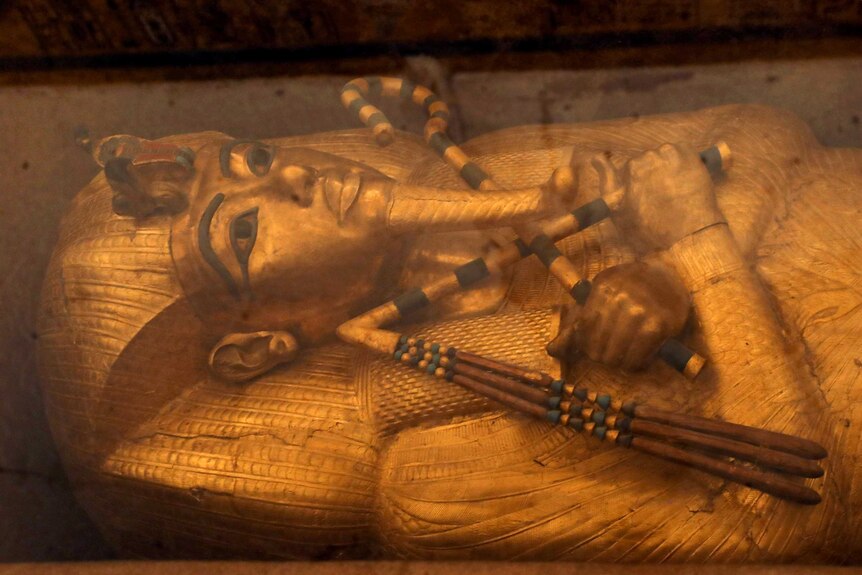 A close up of the sarcophagus of King Tutankhamun.