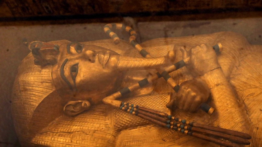 A close up of the sarcophagus of King Tutankhamun.