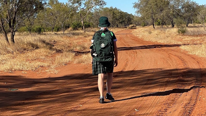 A schoolgirl from a remote region walks down a country road with her school gear.