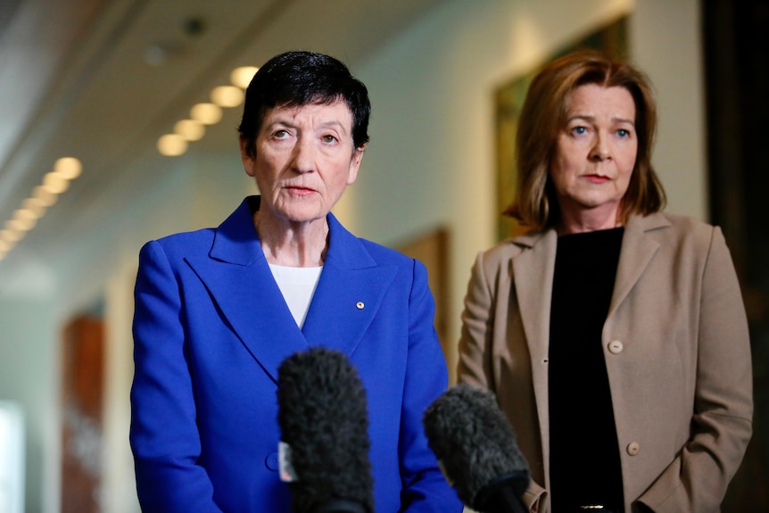 Two women stand looking serious in front of microphones inside a Parliament House corridor.