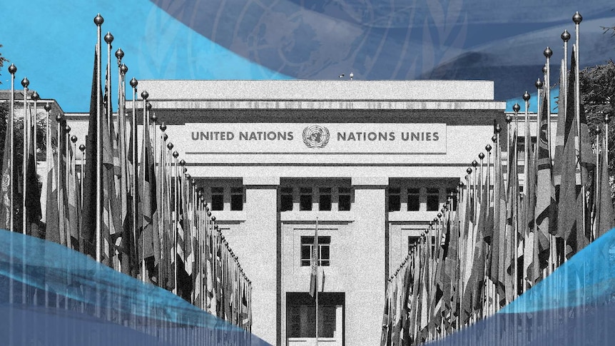 The United Nations Headquarters in Geneva showing the four rows of flags from countries all over the globe.