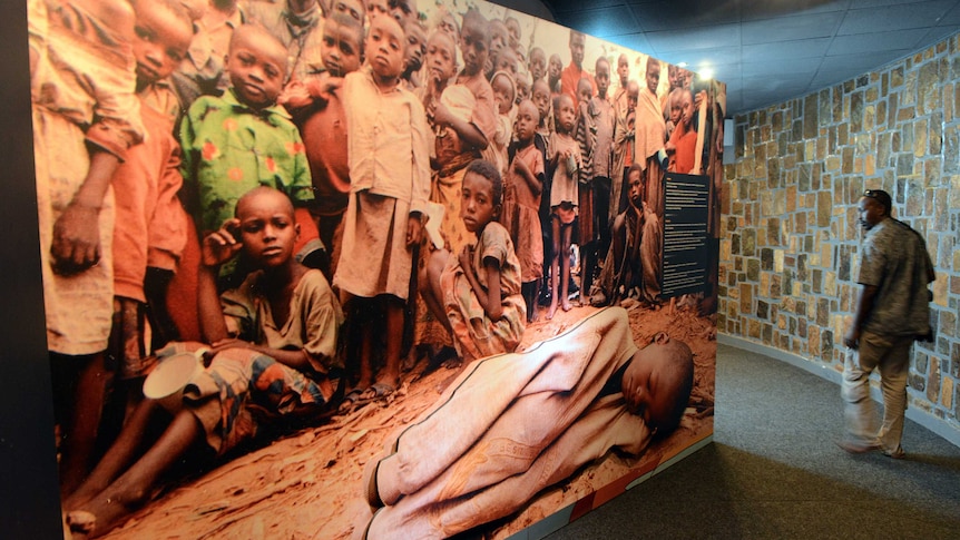 A large picture of children victims of the 1994 Rwandan genocide at the memorial in Nyamata