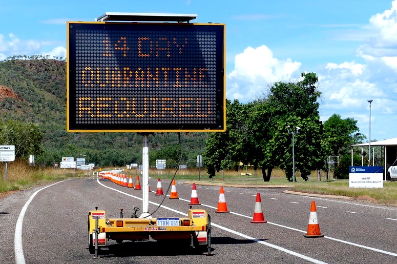 A sign at the border checkpoint warning travellers of restrictions