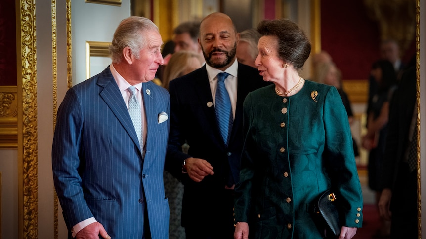 King Charles and Princess Anne grinning at each other while walking into a room 