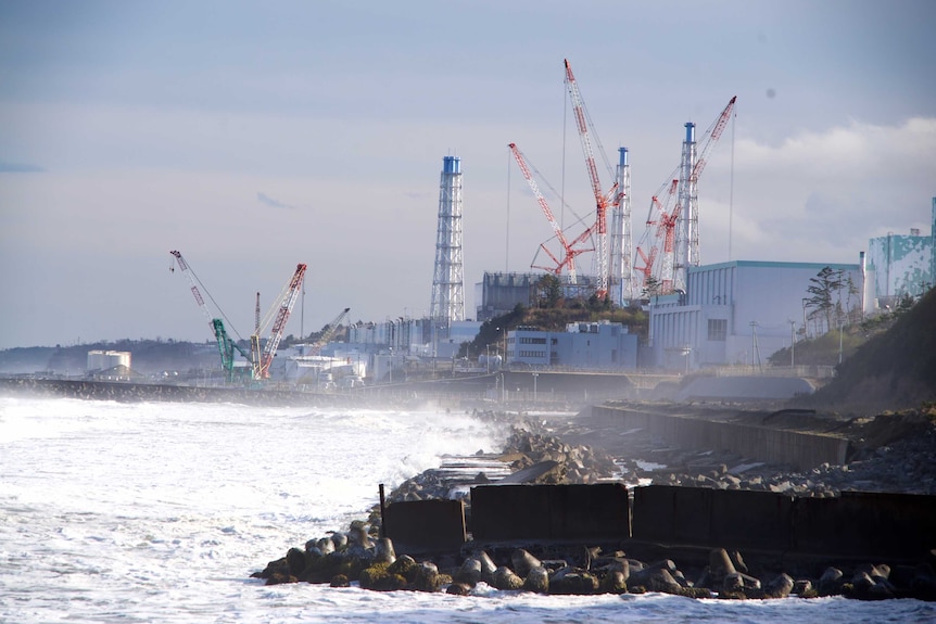 A nuclear power plant on a rocky shore.