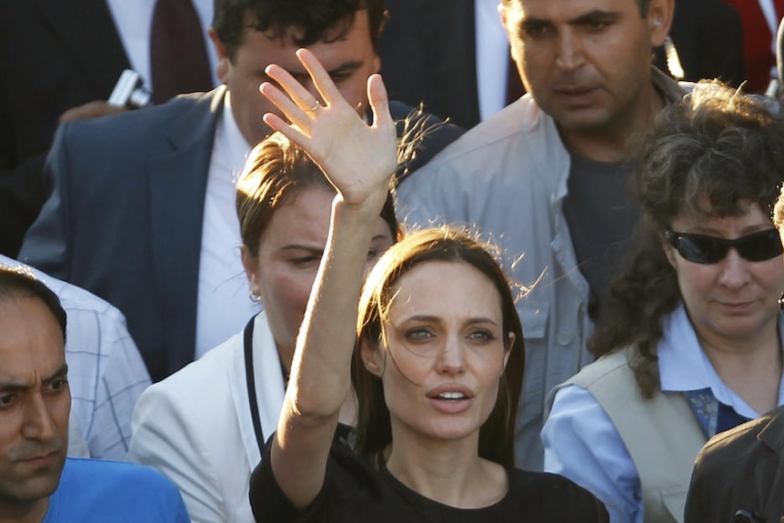 Angelina Jolie stands in a crowd with one arm raised up towards the sky