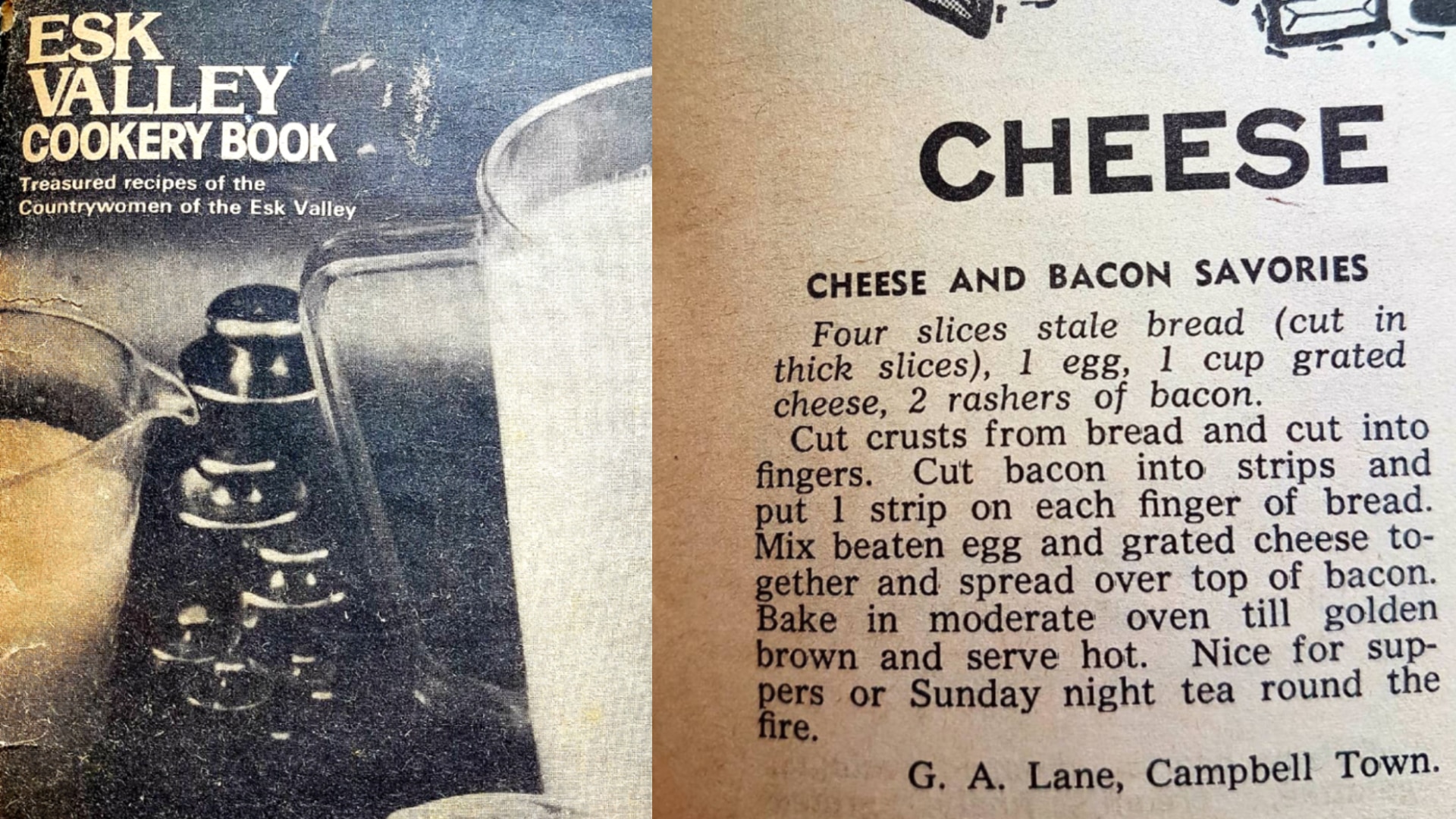 A black and white picture of a cookbook on the left and a typed recipe for savoury toast on the right 