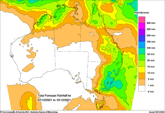 Map of Australia with green over coastal NSW, Vic and QLD plus the tropics