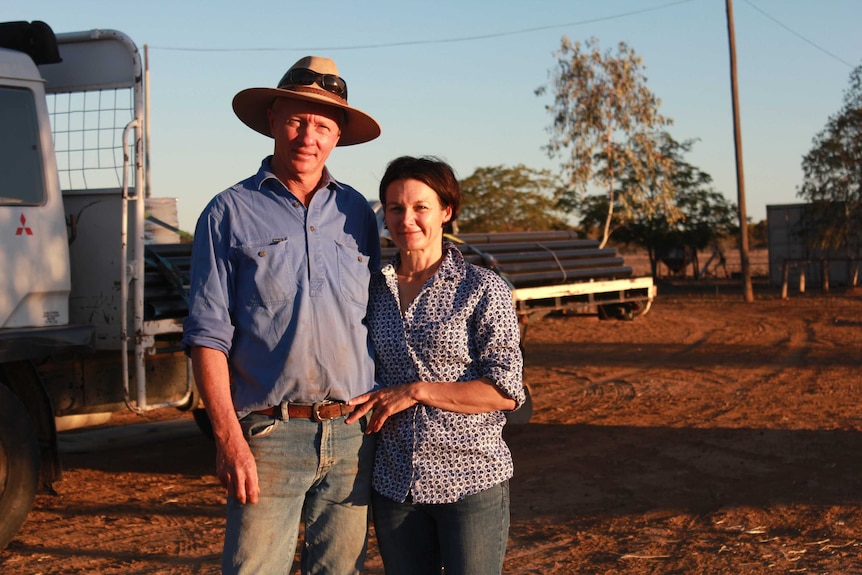 Sandy Williams and his wife Amelia at their property, Rotherfield, near Ilfracombe in drought-stricken western Queensland.
