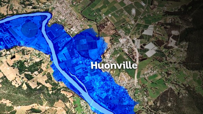 Flooding covers most of the town of Huonville