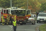 Police and fire brigade units at the Western Freeway roundabout