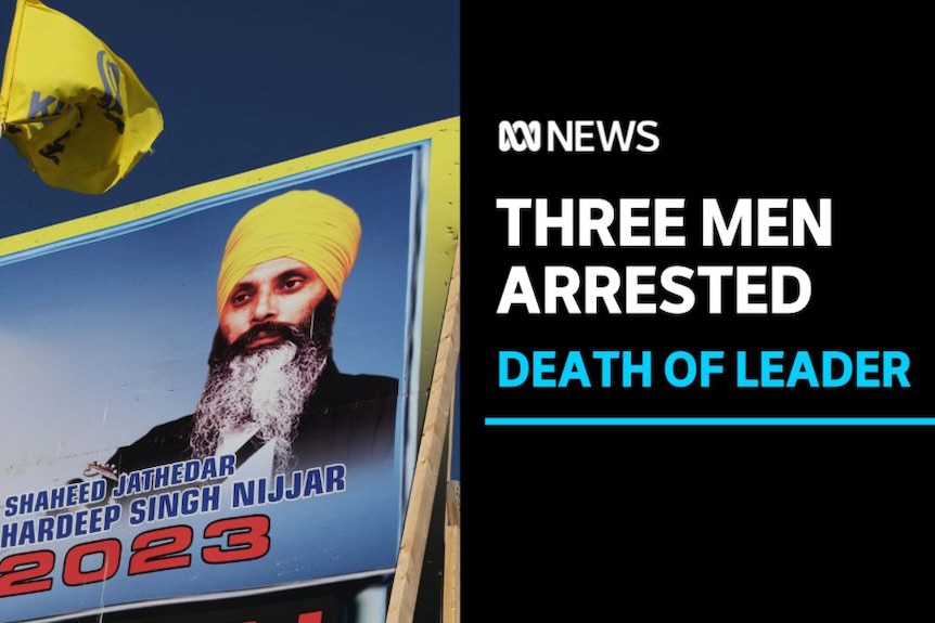 Three Men Arrested, Death of Leader: A placard memorial for a man with a long black and grey beard and yellow turban.