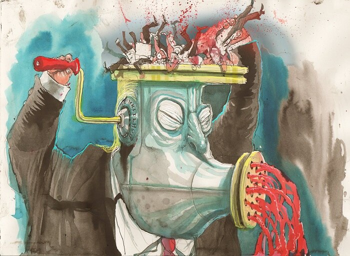 David Rowe cartoon on Donald Trump as a meat grinder.