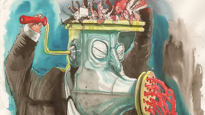 David Rowe cartoon on Donald Trump as a meat grinder.