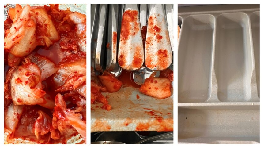 A sequence of photos showing kimchi in the cutlery drawer, and the finished (clean) product.