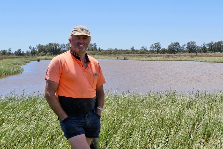 man standing in front of fenced wetland