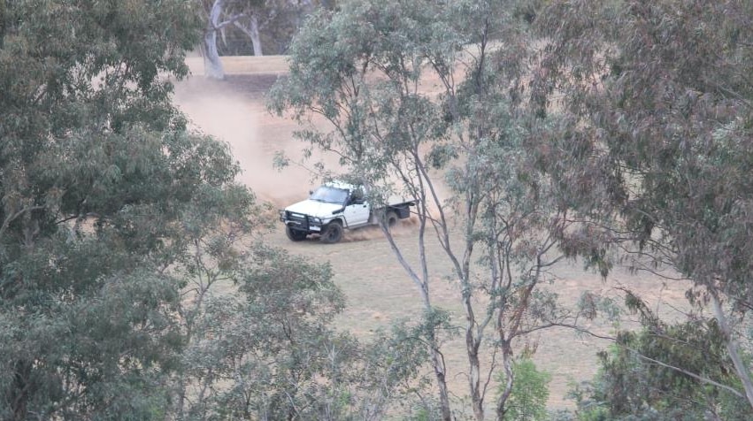 A white ute drifts and kicks up dust on grasslands.