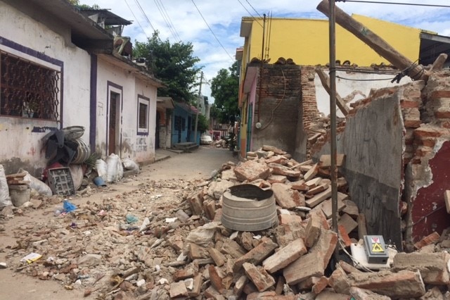 Collapsed walls and rubble in Juchitan after the earthquake in Mexico.
