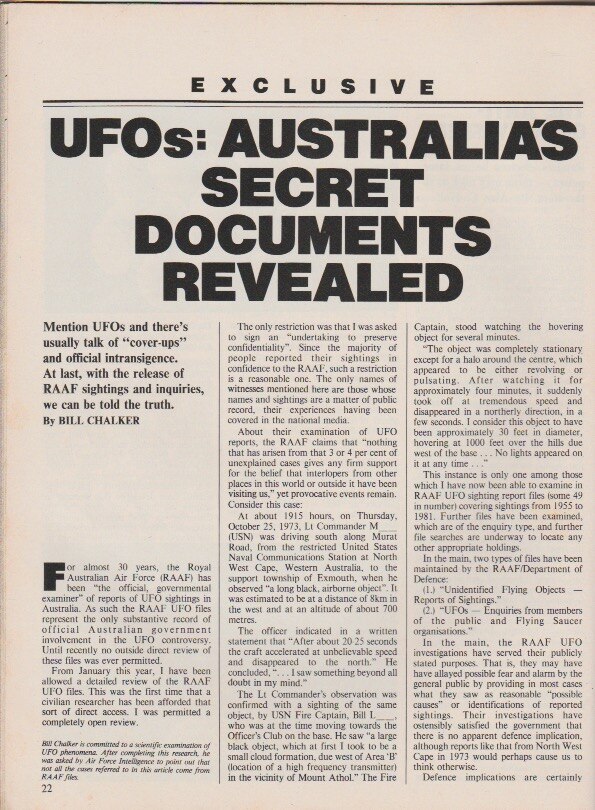 Picture of magazine article titled 'UFOs: AUSTRALIA'S SECRET DOCUMENTS REVEALED 