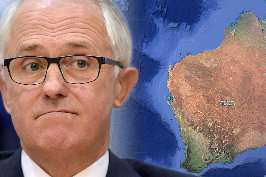 Malcolm Turnbull wearing glasses next to a map of WA.