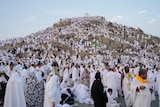 A large crowd of Muslims pilgrims wearing white gathered around a hill.