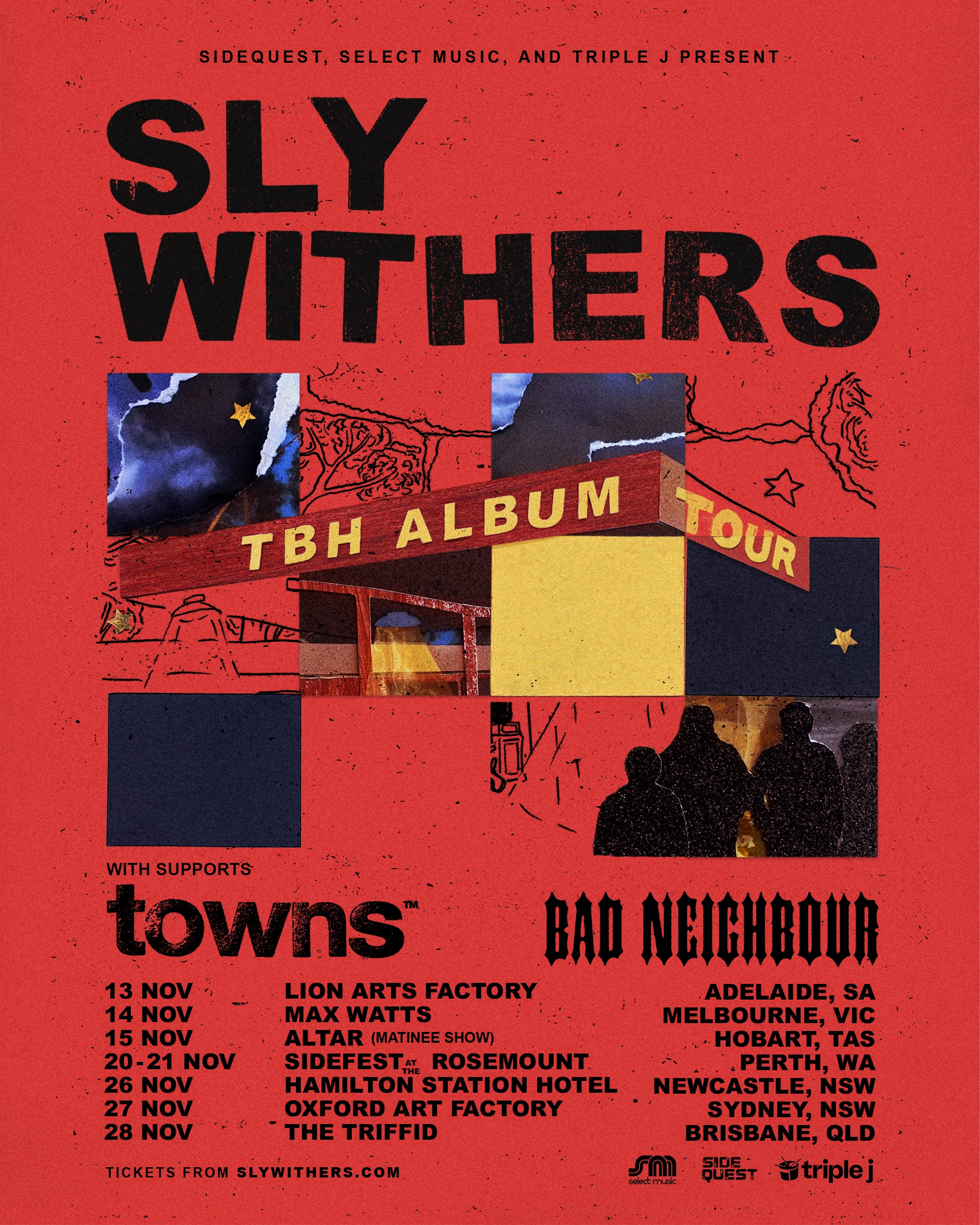 Red poster with a collage image of a group of people near a gas station. Black text describes the tour in detail.