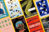 A composite image showing eight book covers on an angle against a yellow background