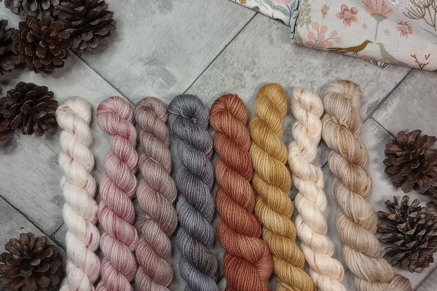 Eight coiled skeins of fine wool in tones of pink, grey, cream, mustard and russet next to some pine cones.