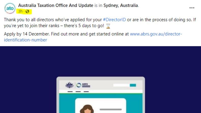 A Facebook post from an account posing as the ATO directing company directors to click on a link in the post