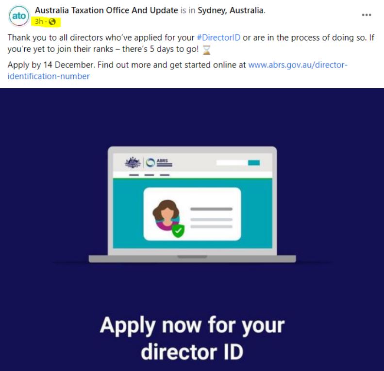 A Facebook post from an account posing as the ATO directing company directors to click on a link in the post