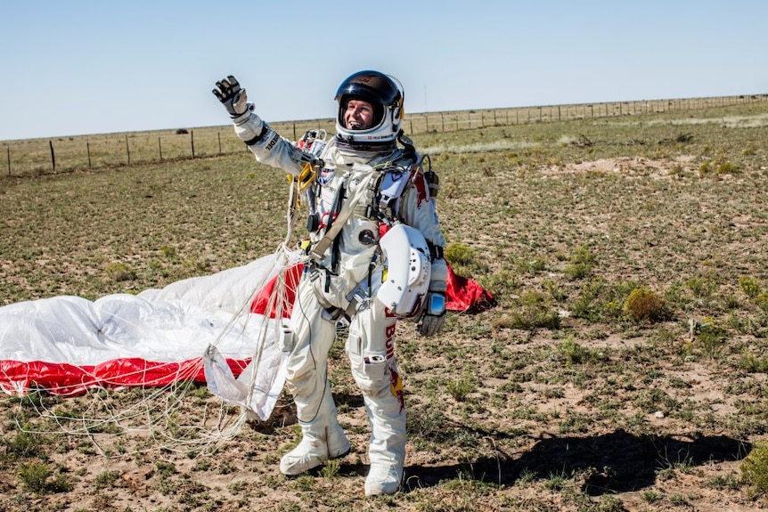 Baumgartner celebrates after touching down.