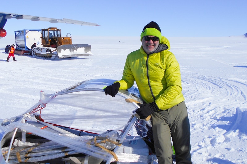 Charles Werb in Antarctica with his snow sailer.