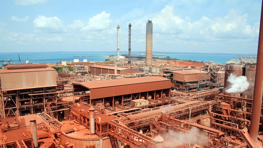 The bauxite refining facility on the Gove Peninsula, showing the power plant stacks.