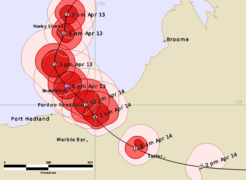 A map tracking Cyclone Ilsa's path