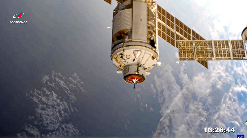 The Nauka module is seen prior to docking with the International Space Station.