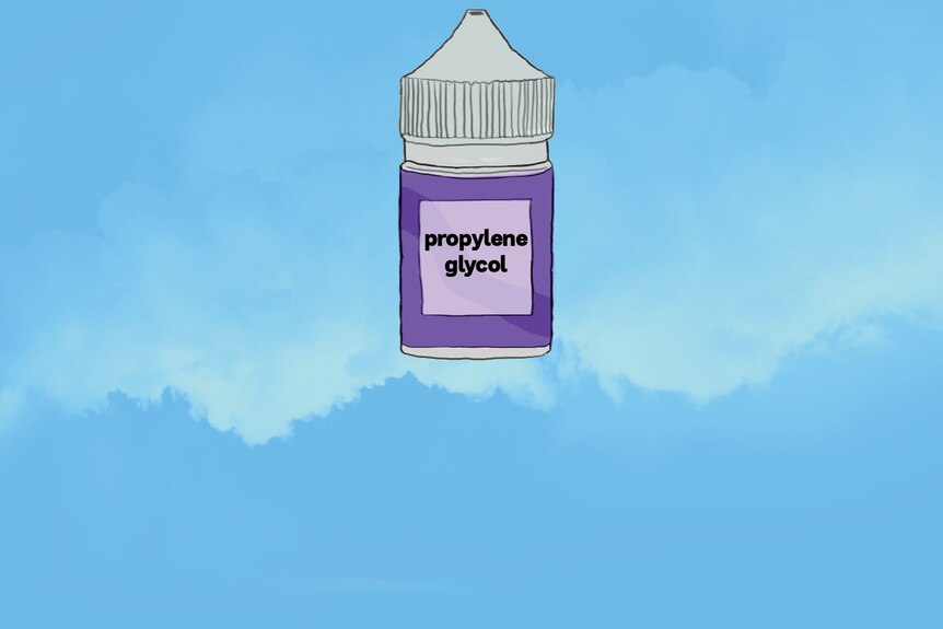 An illustration of a vape bottle with the ingredient propylene glycol listed on the label