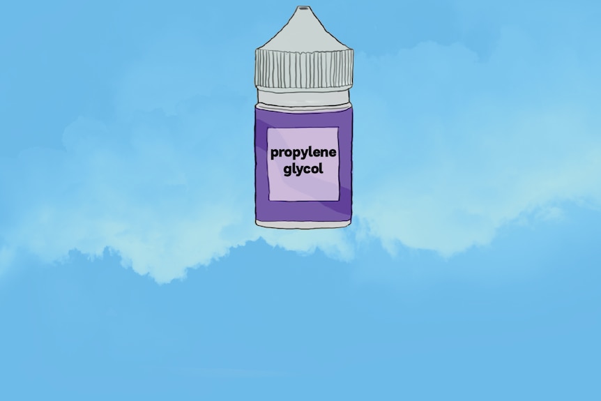 An illustration of a vape bottle with the ingredient propylene glycol listed on the label