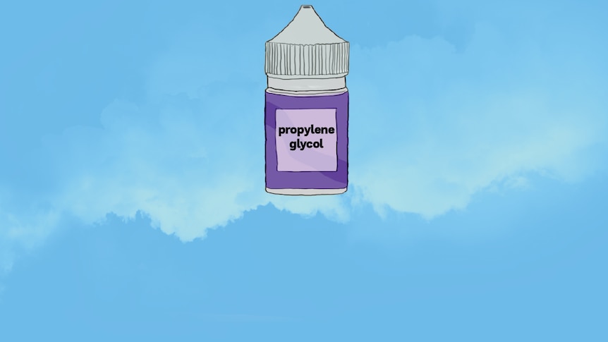 An illustration of a vape bottle with the ingredient propylene glycol listed on the label