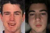 A split image showing two young footballers with broken jaws.