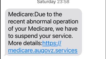 A text message reading: 'Medicare: Due to the recent abnormal operation of your Medicare, we have to suspend your service.'