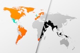 Two maps of the world overlapping each other showing where Same-sex marriage is legal and where homosexuality is illlegal.
