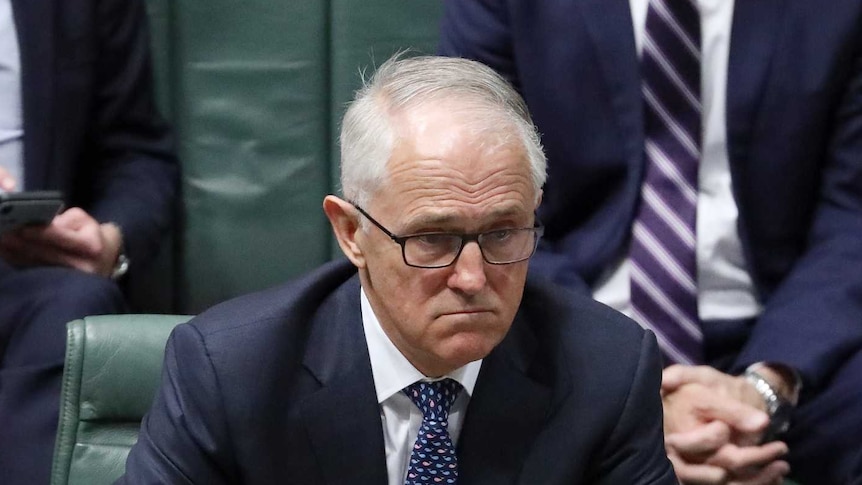 Malcolm Turnbull stares across the divide past Bill Shorten. His mouth is a straight line, his eyebrows raised.