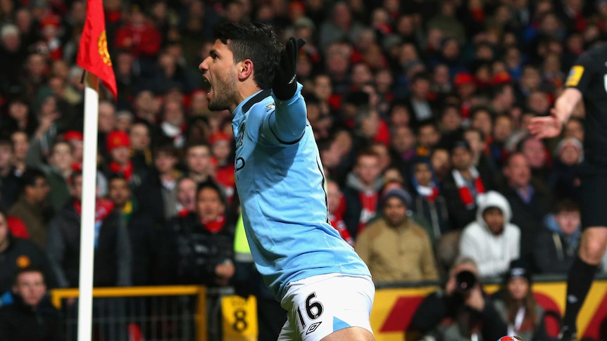 Sergio Aguero puts Manchester City ahead 2-1 against rivals Manchester United at Old Trafford.