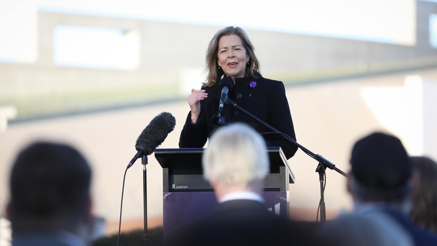 A woman wearing a heavy coat stands at a lectern speaking to a crowd outside Parliament House.