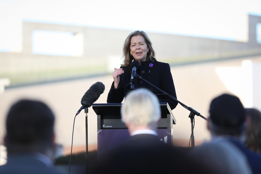 A woman wearing a heavy coat stands at a lectern speaking to a crowd outside Parliament House.